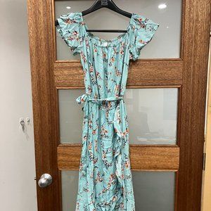 Floral Floor Length Blue High Low Dress with Ruffle Cap Sleeves Xhilaration Smal